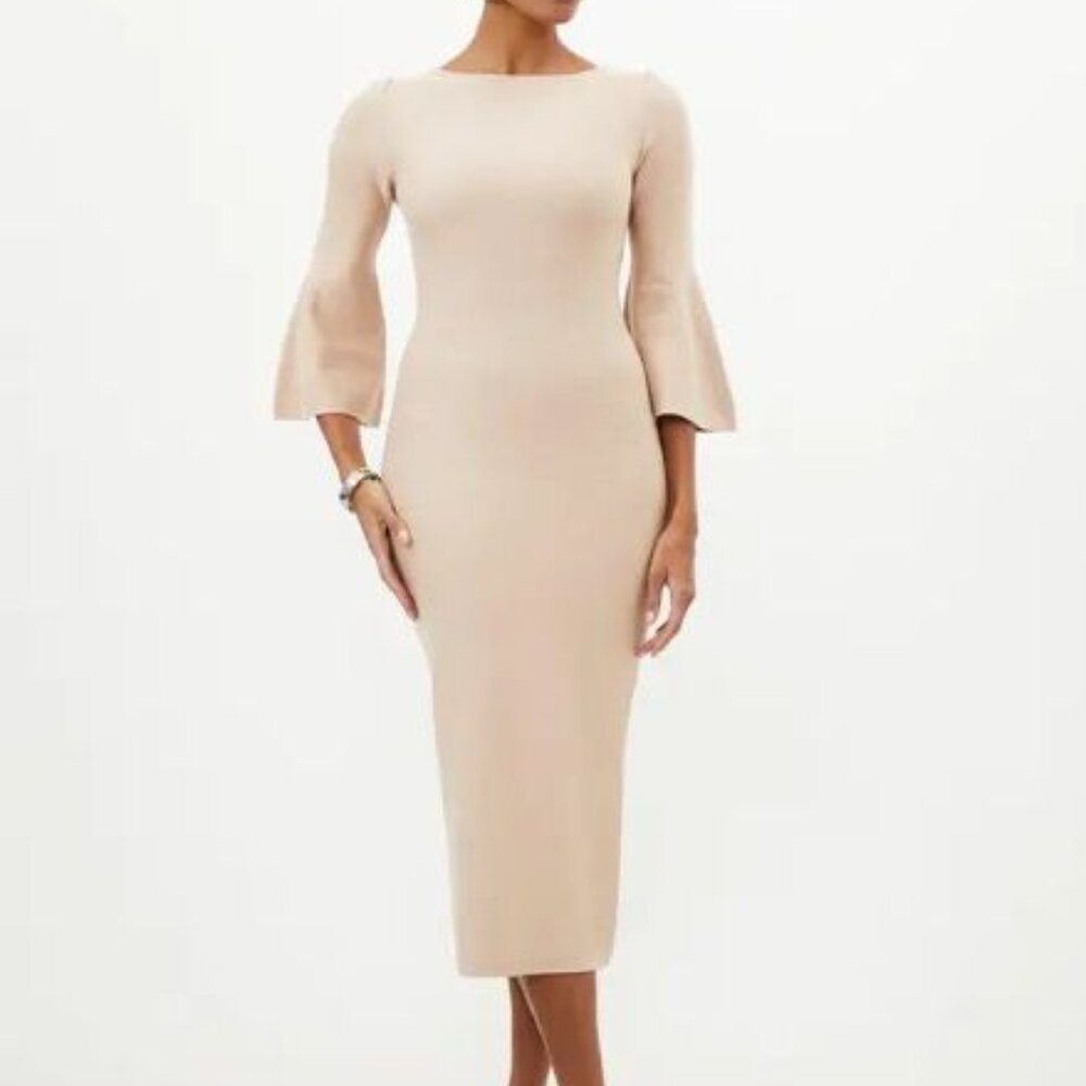 Karen Millen Compact Wool Look Knit Midi Dress With Fluted Sleeve - Camel NWT